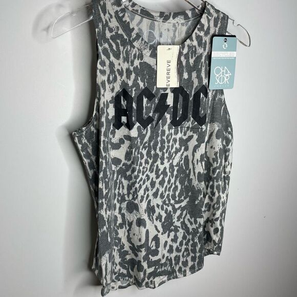 New Chaser AC/DC Band Logo Tank Leopard Cheetah Print Women XSmall White Gray Xs - Picture 3 of 8
